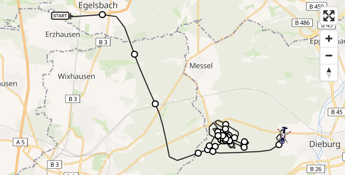 Flugroute Polizeihubschrauber Frankfurt-Egelsbach Airport - Dieburg, 06 Februar 2026, 09:23