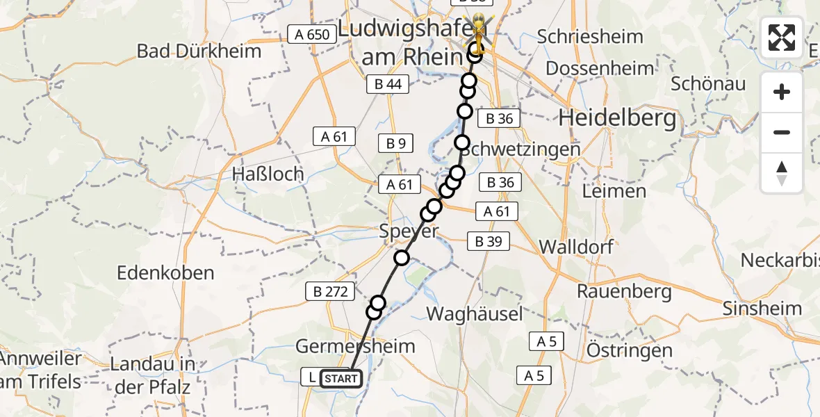 Flugroute Rettungshubschrauber Germersheim - Mannheim-City Airport, 06 Februar 2026, 09:56