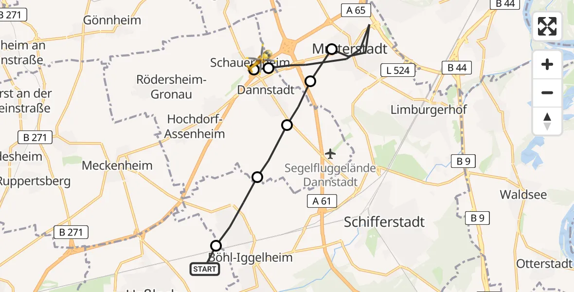 Flugroute Rettungshubschrauber Haßloch - Schauernheim, 06 Februar 2026, 10:00