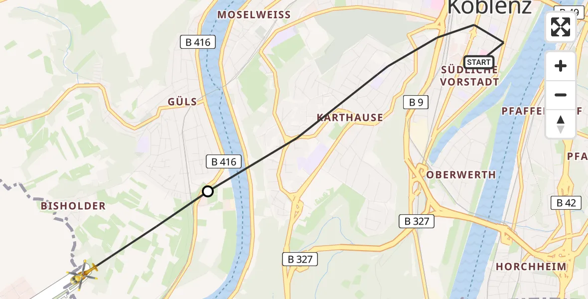 Flugroute Rettungshubschrauber Koblenz - Koblenz-Winningen Airfield, 06 Februar 2026, 10:10
