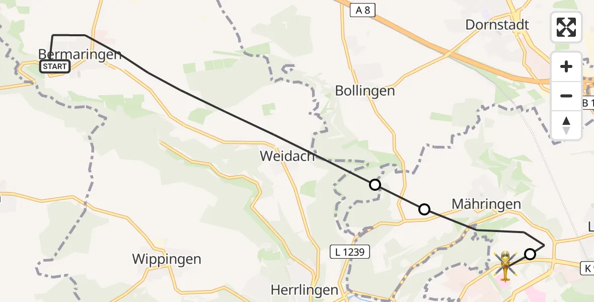 Flugroute Rettungshubschrauber Blaustein - ADAC Air Rescue Station Ulm (Christoph 22), 06 Februar 2026, 10:22