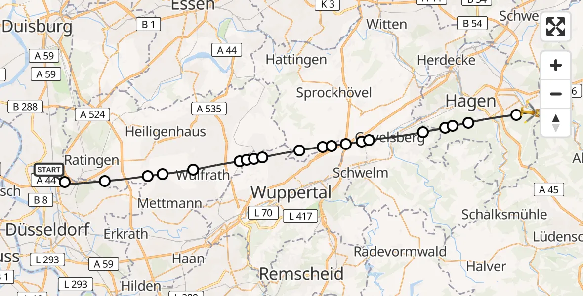 Flugroute Rettungshubschrauber Düsseldorf Airport - Hohenlimburg, 06 Februar 2026, 10:58