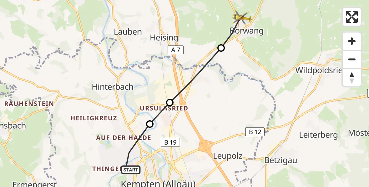 Flugroute Rettungshubschrauber Kempten (Allgäu) - Börwang, 06 Februar 2026, 11:08
