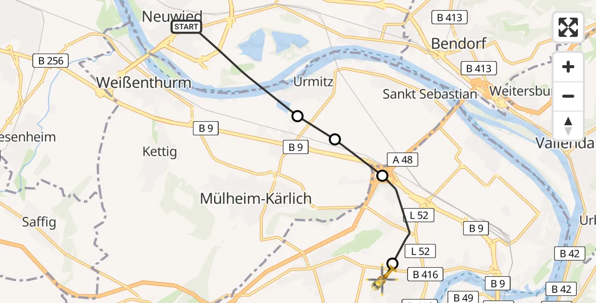 Flugroute Rettungshubschrauber Neuwied - Koblenz, 06 Februar 2026, 11:10
