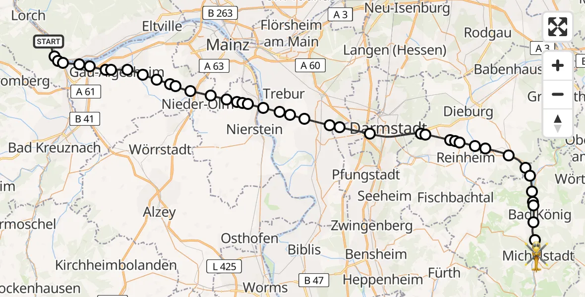 Flugroute Rettungshubschrauber Trechtingshausen - Michelstadt, 06 Februar 2026, 11:10