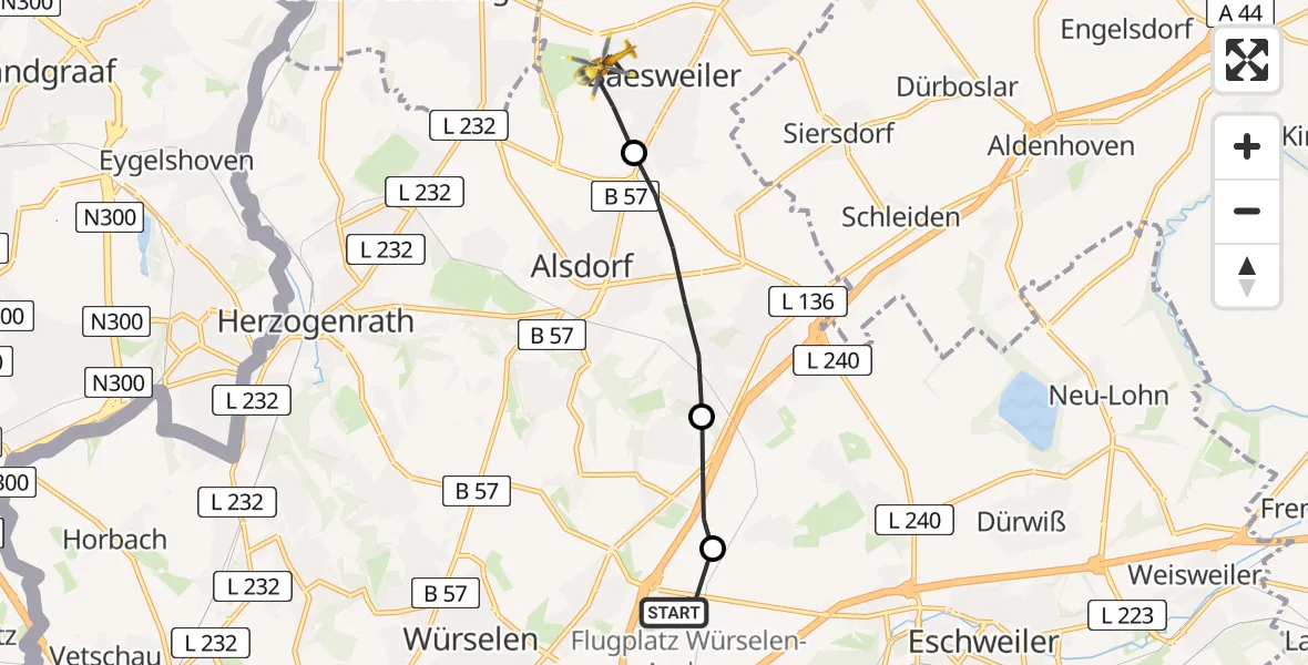 Flugroute Rettungshubschrauber Aachen-Merzbrück Airport - Baesweiler, 06 Februar 2026, 11:26