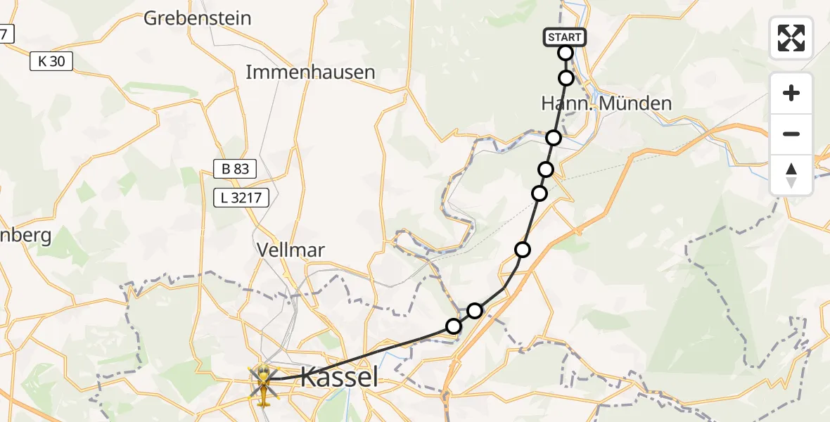Routekaart van de vlucht: Rettungshubschrauber nach Kassel, Hansteinstraße