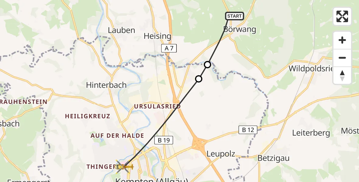 Flugroute Rettungshubschrauber Börwang - Kempten (Allgäu), 06 Februar 2026, 11:45