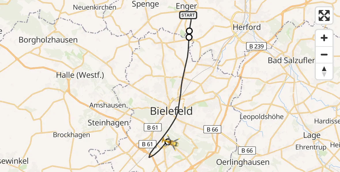 Flugroute Rettungshubschrauber Enger - Luftrettungszentrum Bielefeld, 06 Februar 2026, 11:51