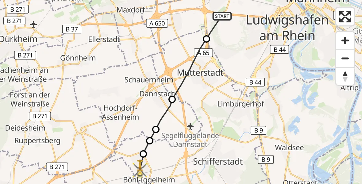Flugroute Rettungshubschrauber Ludwigshafen am Rhein - Böhl-Iggelheim, 06 Februar 2026, 11:57