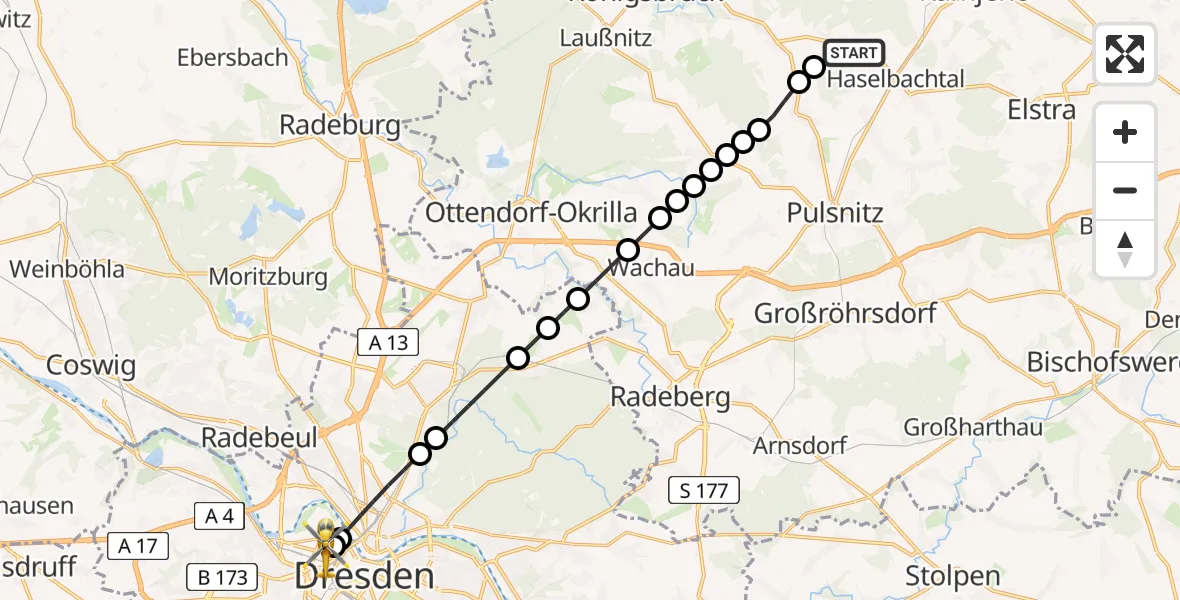 Routekaart van de vlucht: Rettungshubschrauber nach Dresden Friedrichstadt Hospital Heliport
