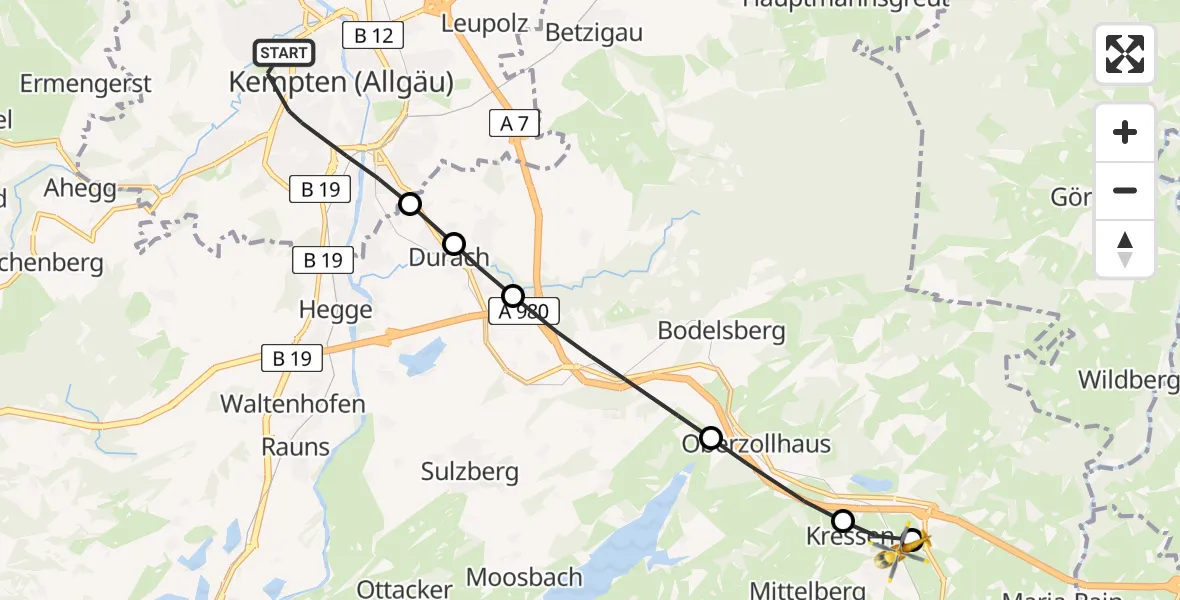 Flugroute Rettungshubschrauber Kempten (Allgäu) - Oy, 06 Februar 2026, 11:58