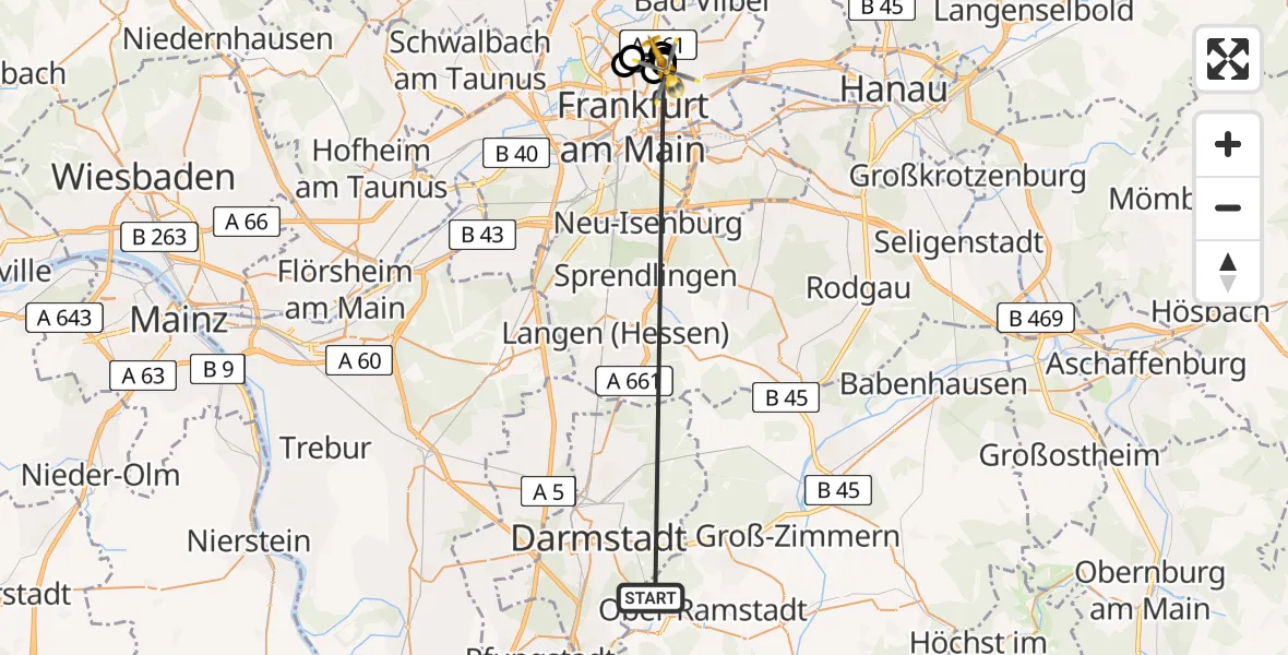 Flugroute Rettungshubschrauber Traisa - Frankfurt am Main Accident Hospital Roof Helipad (CHX2), 06 Februar 2026, 12:02