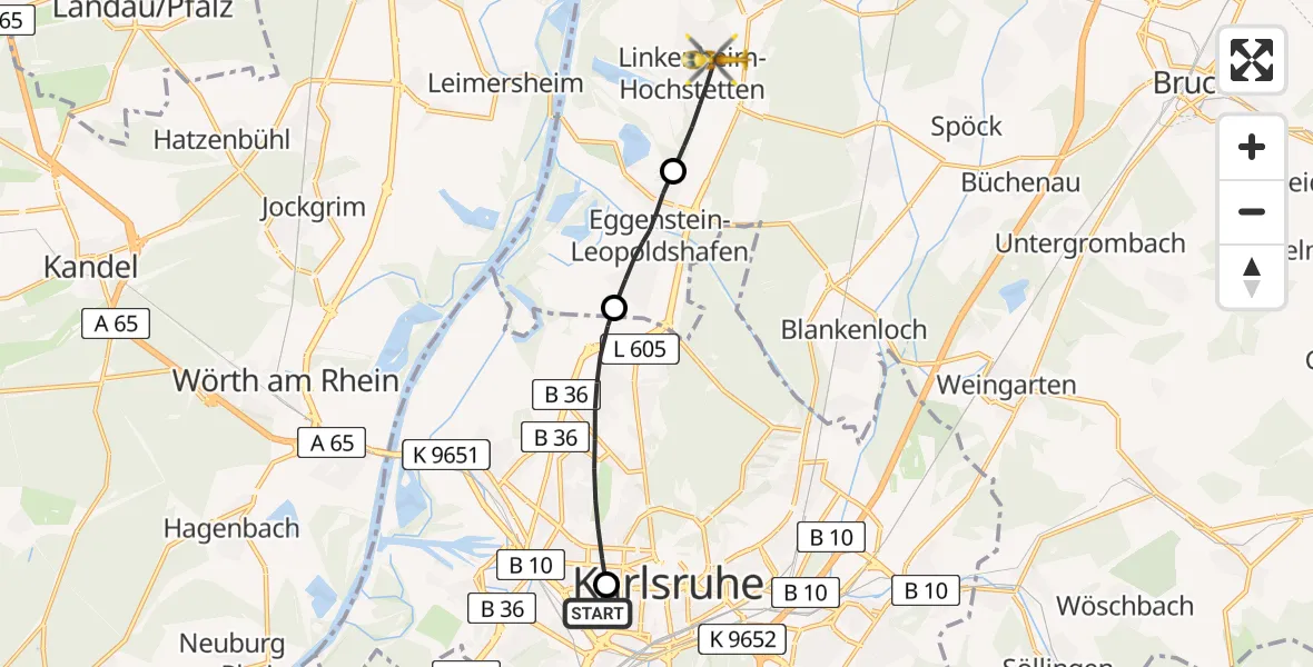 Flugroute Rettungshubschrauber Sankt Vincentius Hospital Heliport - Linkenheim-Hochstetten, 06 Februar 2026, 12:20