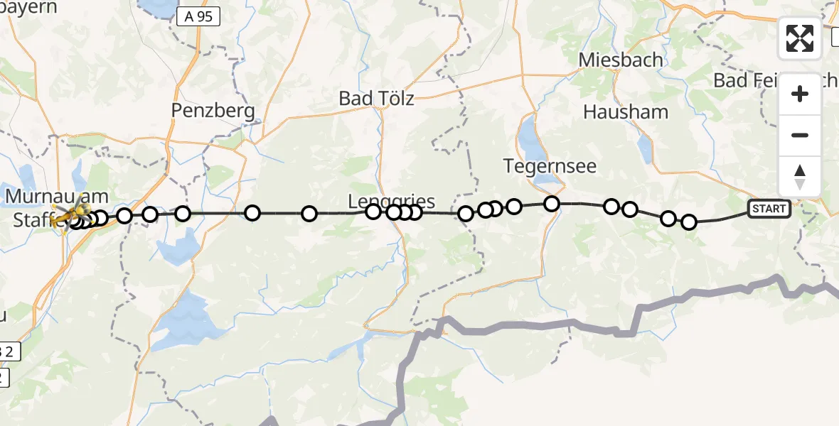 Flugroute Rettungshubschrauber Bayrischzell - Murnau Accident Hospital Heliport, 06 Februar 2026, 12:27