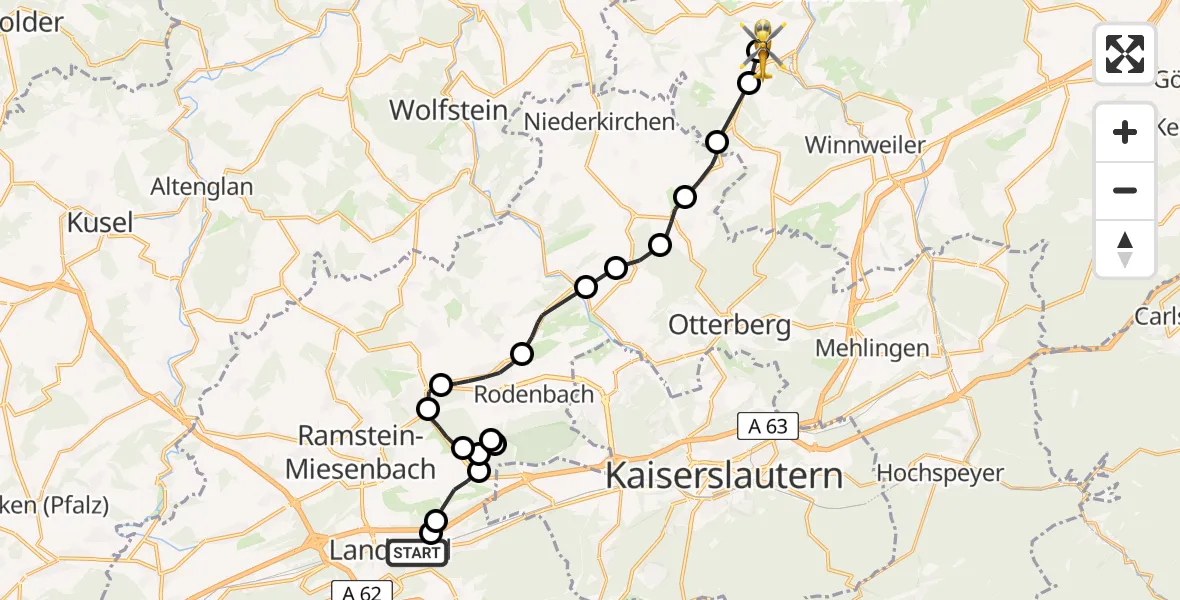 Flugroute Rettungshubschrauber Landstuhl - Imsweiler UL, 06 Februar 2026, 12:30