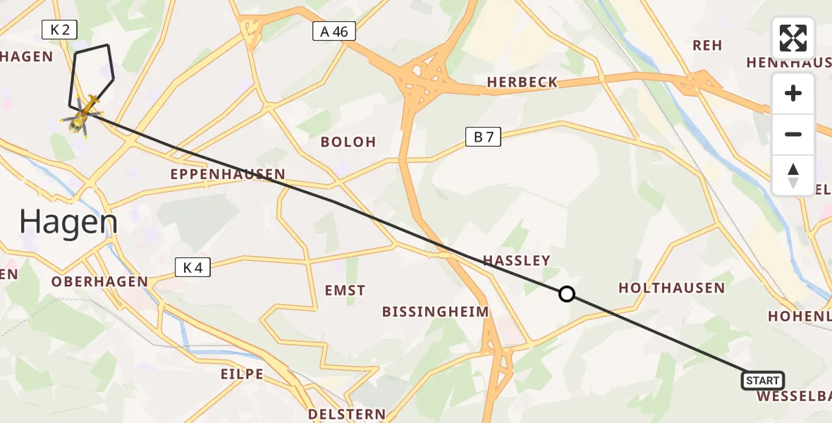 Flugroute Rettungshubschrauber Hohenlimburg - Hagen-Mitte, 06 Februar 2026, 12:36