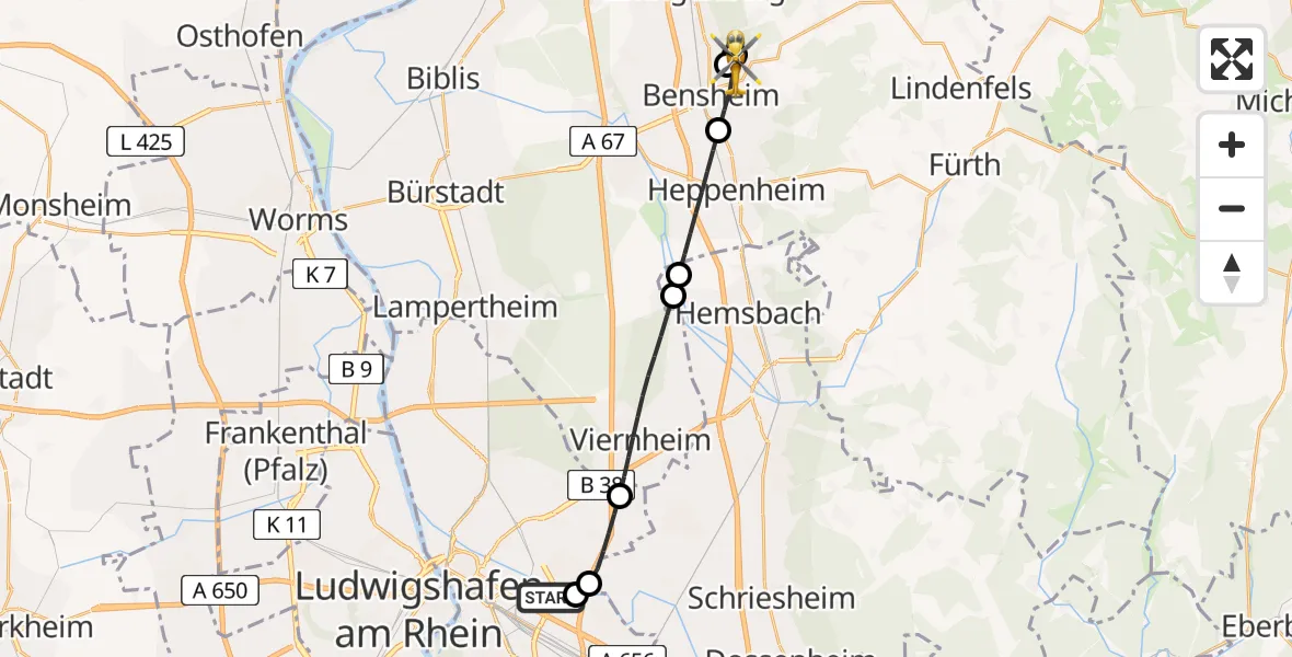 Flugroute Rettungshubschrauber Mannheim-City Airport - Bensheim, 06 Februar 2026, 12:44