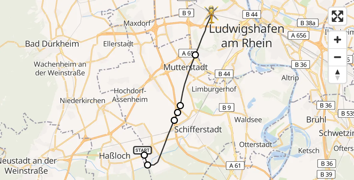 Flugroute Rettungshubschrauber Böhl-Iggelheim - Ludwigshafen Accident Hospital Heliport, 06 Februar 2026, 12:45