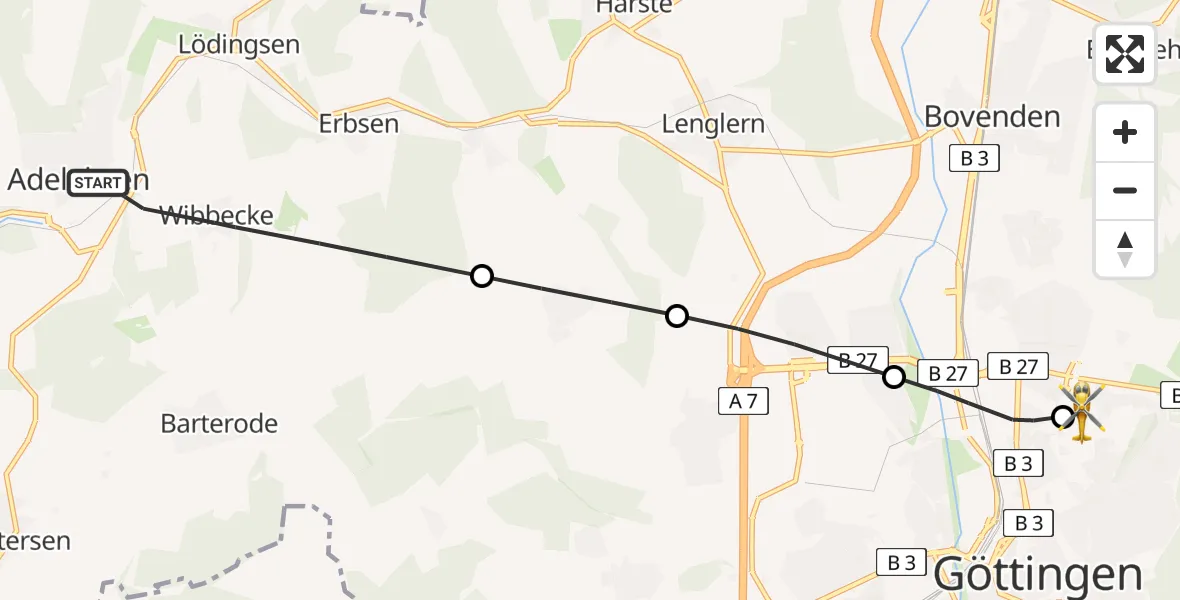 Flugroute Rettungshubschrauber Adelebsen - Göttingen University Clinic Heliport, 06 Februar 2026, 13:00