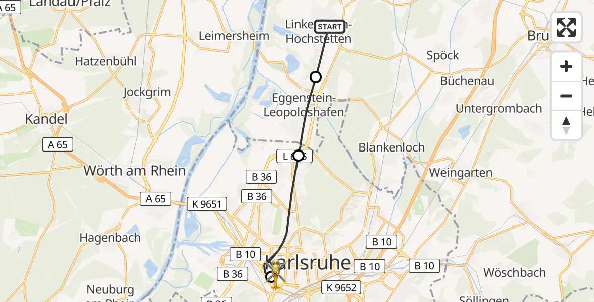 Flugroute Rettungshubschrauber Linkenheim-Hochstetten - Sankt Vincentius Hospital Heliport, 06 Februar 2026, 13:07