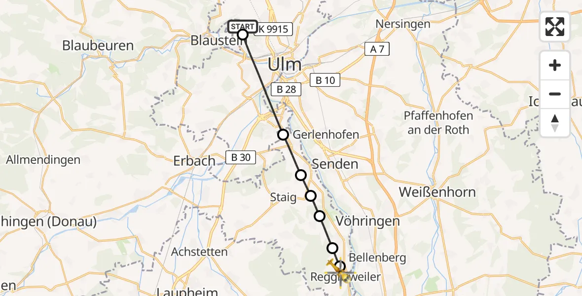 Flugroute Rettungshubschrauber ADAC Air Rescue Station Ulm (Christoph 22) - Regglisweiler, 06 Februar 2026, 13:14