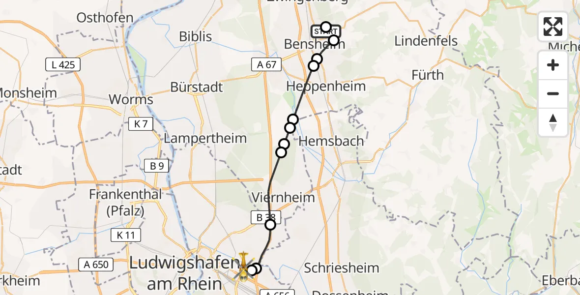 Flugroute Rettungshubschrauber Bensheim - Mannheim-City Airport, 06 Februar 2026, 13:19