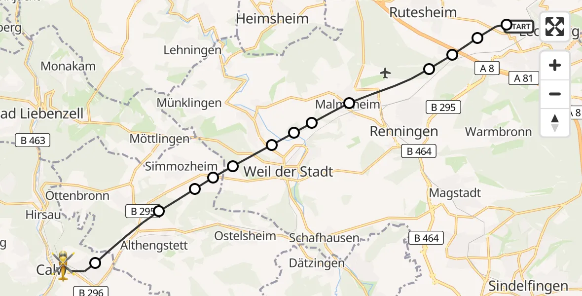Flugroute Rettungshubschrauber Leonberg Hospital Heliport - Calw, 06 Februar 2026, 13:24