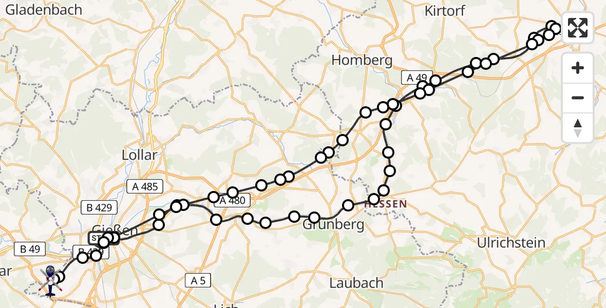 Flugroute Polizeihubschrauber Gießen - Gießen-Lützellinden Airfield, 06 Februar 2026, 13:36