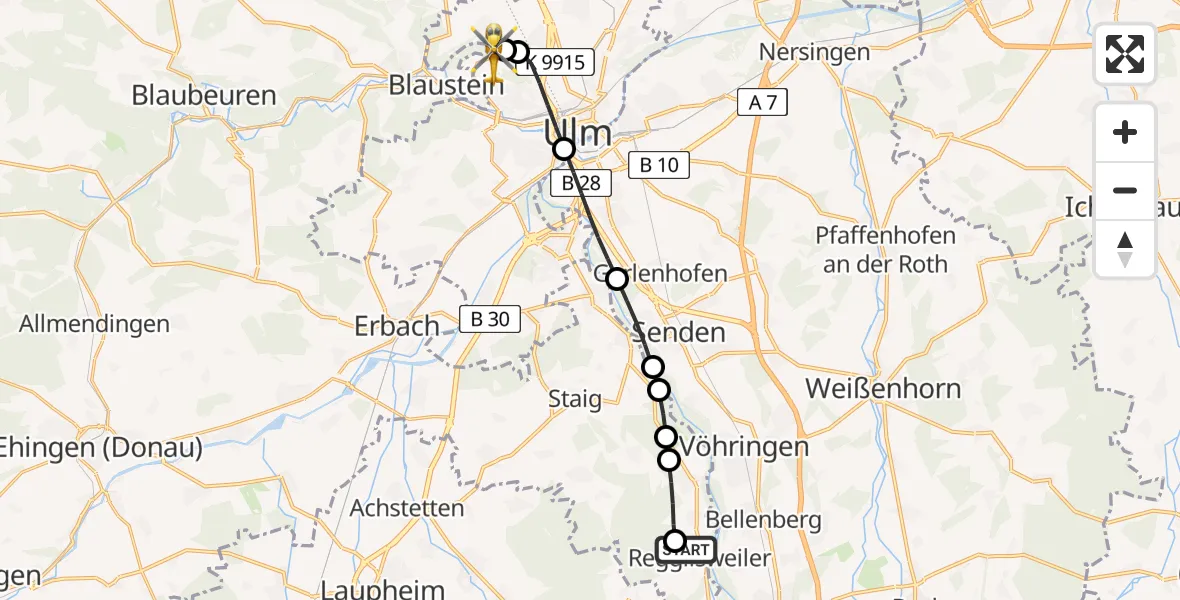 Flugroute Rettungshubschrauber Regglisweiler - ADAC Air Rescue Station Ulm (Christoph 22), 06 Februar 2026, 13:45