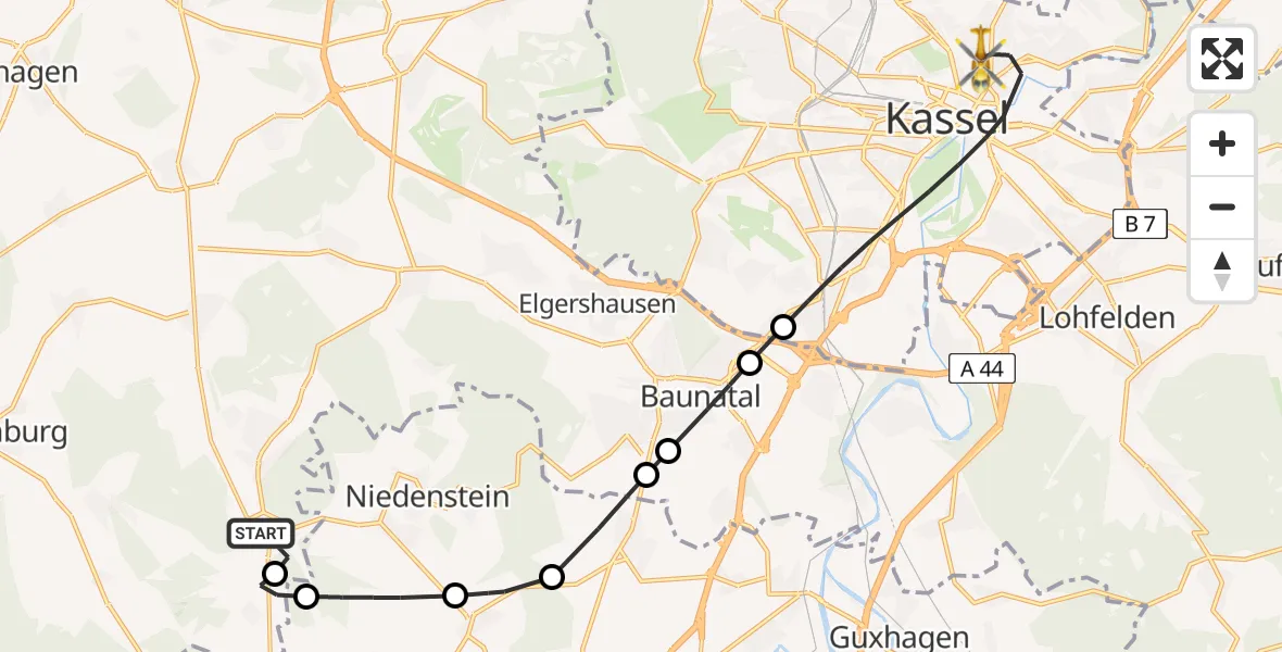 Routekaart van de vlucht: Rettungshubschrauber nach Kassel, Mönchebergstraße
