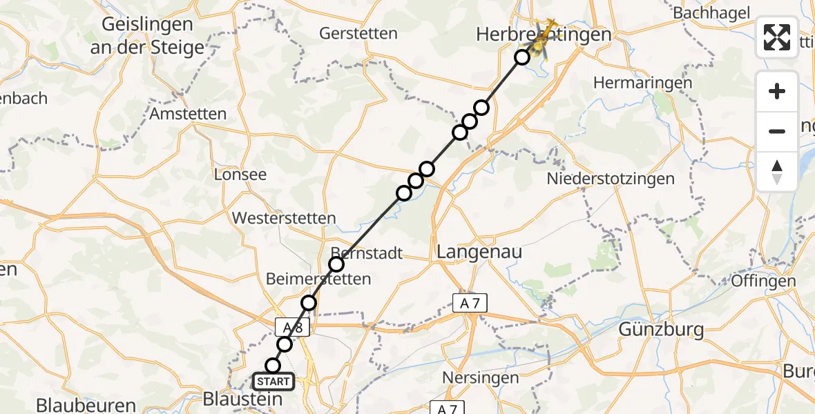 Flugroute Rettungshubschrauber ADAC Air Rescue Station Ulm (Christoph 22) - Herbrechtingen, 06 Februar 2026, 14:11
