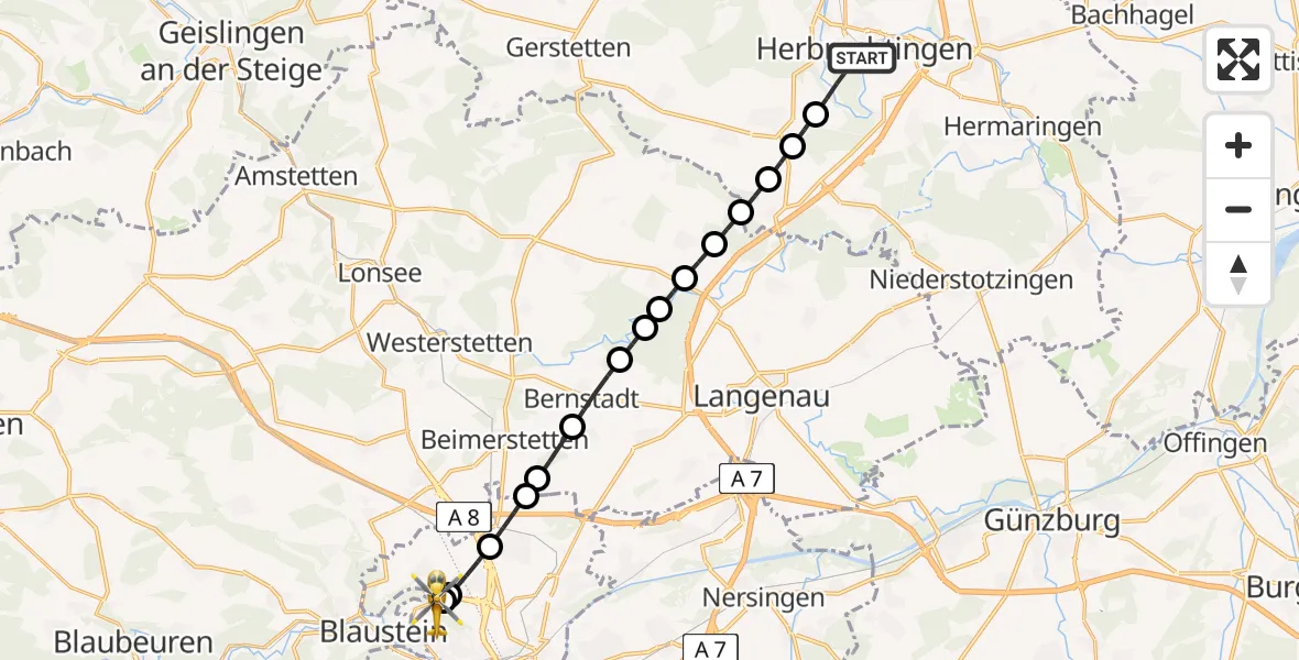 Flugroute Rettungshubschrauber Herbrechtingen - Ulm Military Hospital Emergency Heliport, 06 Februar 2026, 14:35