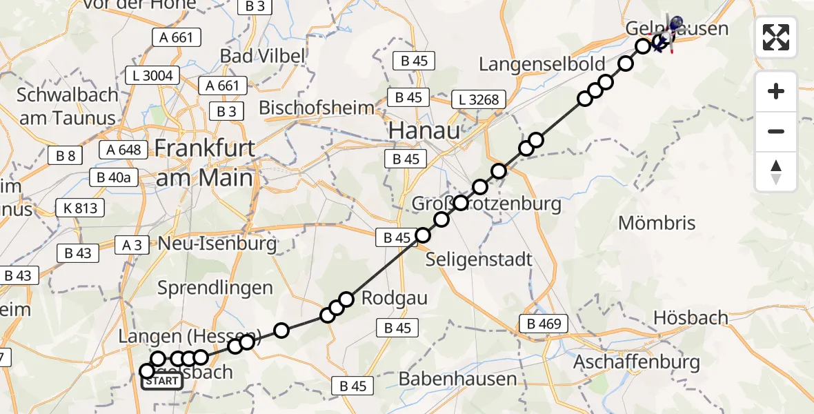 Flugroute Polizeihubschrauber Frankfurt-Egelsbach Airport - Gelnhausen, 06 Februar 2026, 14:43