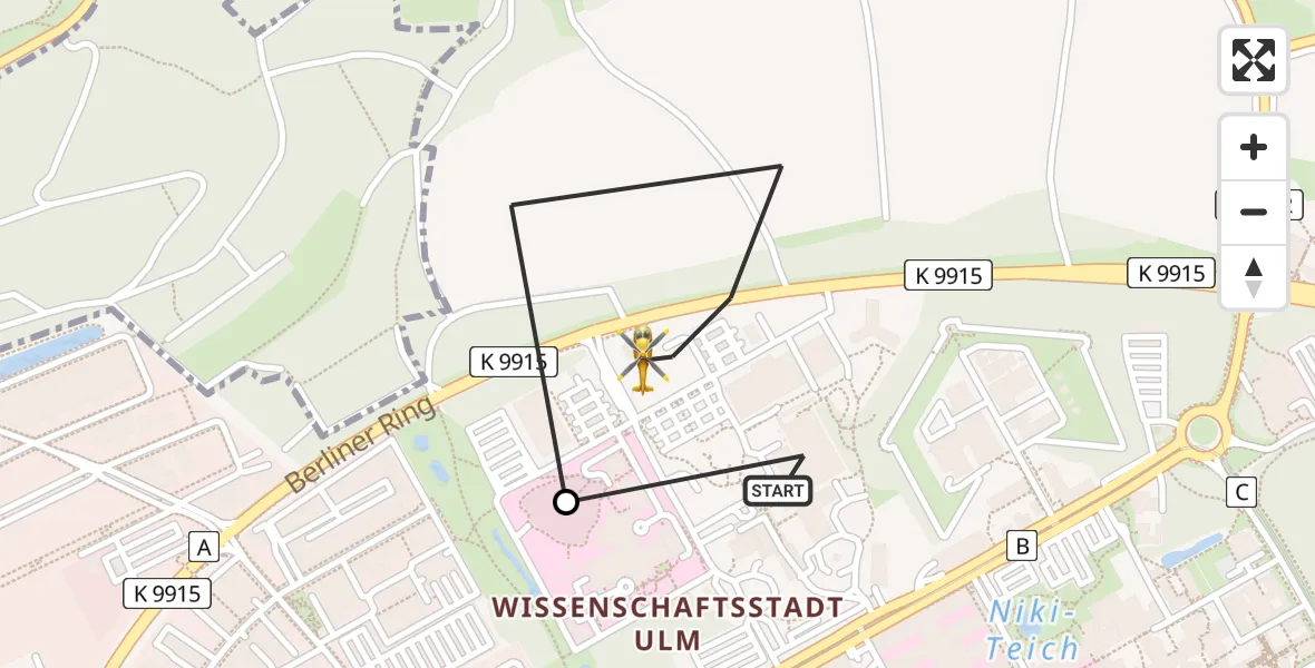 Flugroute Rettungshubschrauber Ulm Military Hospital Emergency Heliport - ADAC Air Rescue Station Ulm (Christoph 22), 06 Februar 2026, 15:01