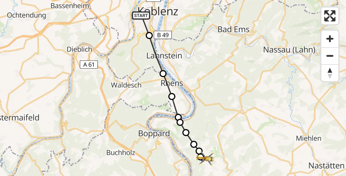 Flugroute Rettungshubschrauber Koblenz - Lykershausen, 06 Februar 2026, 15:24
