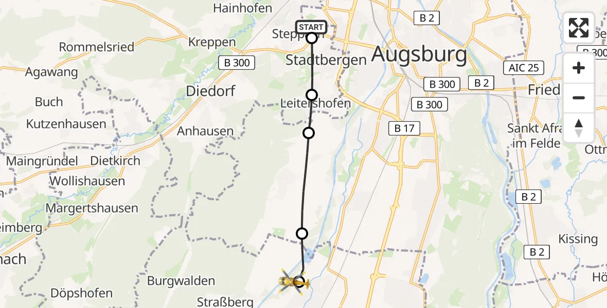 Flugroute Rettungshubschrauber Augsburg - Wertach Hospital Bobingen Heliport, 06 Februar 2026, 15:29