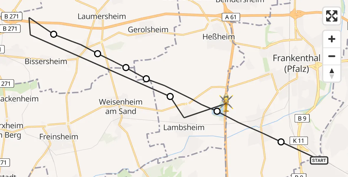 Flugroute Rettungshubschrauber Ludwigshafen am Rhein - Frankenthal (Pfalz), 06 Februar 2026, 15:40
