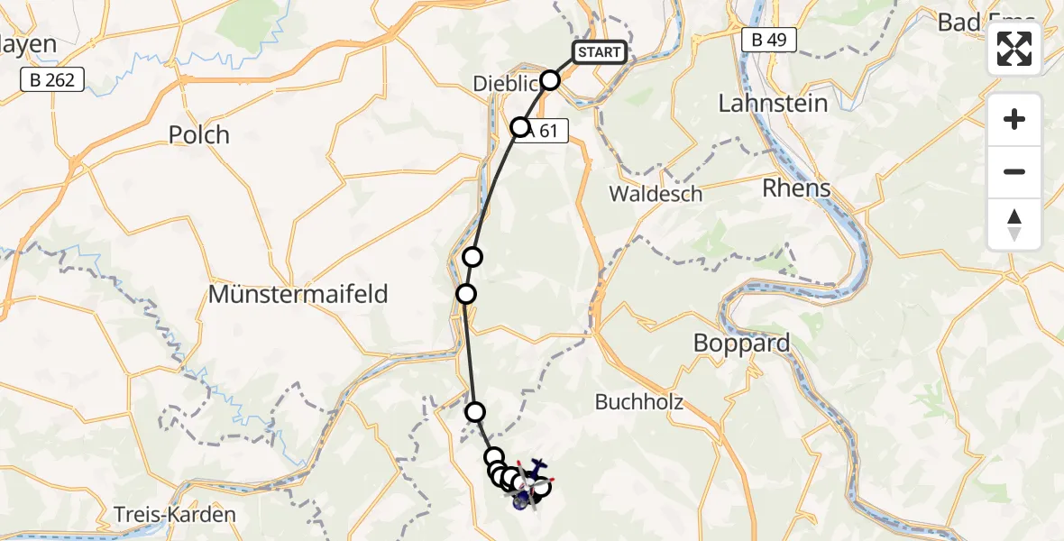 Flugroute Polizeihubschrauber Winningen - Boppard, 06 Februar 2026, 15:42