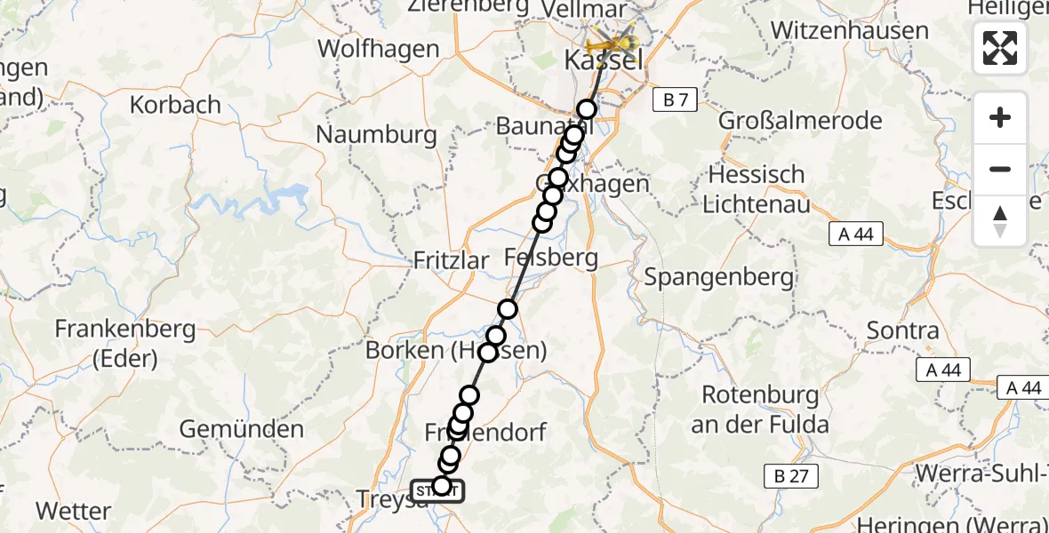 Flugroute Rettungshubschrauber Niedergrenzebach - Kassel, 06 Februar 2026, 15:42