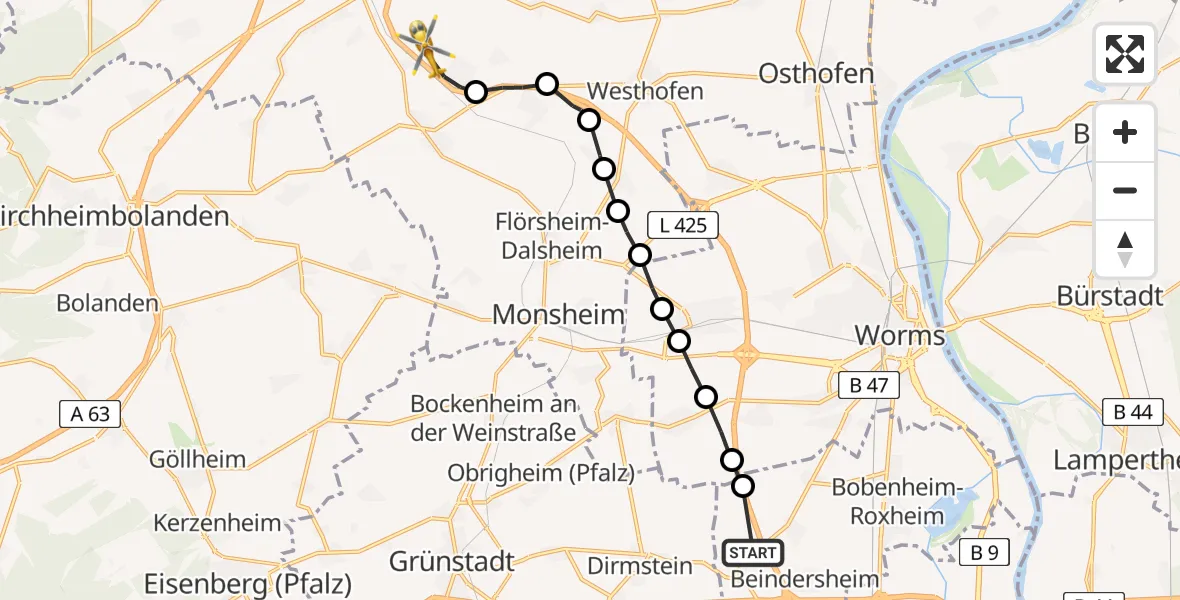 Flugroute Rettungshubschrauber Heuchelheim bei Frankenthal - Dintesheim, 06 Februar 2026, 15:49