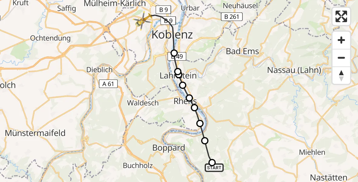 Routekaart van de vlucht: Rettungshubschrauber nach Koblenz, Rübenacher Straße