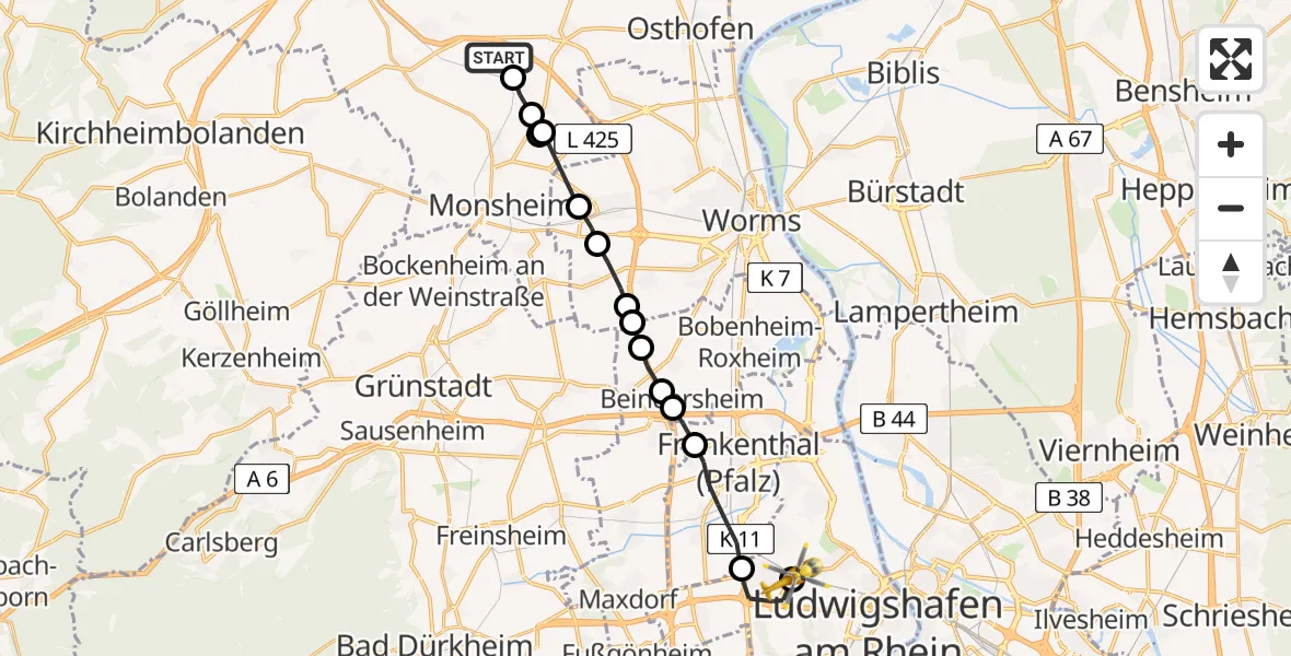 Flugroute Rettungshubschrauber Gundersheim - Ludwigshafen Accident Hospital Heliport, 06 Februar 2026, 16:25