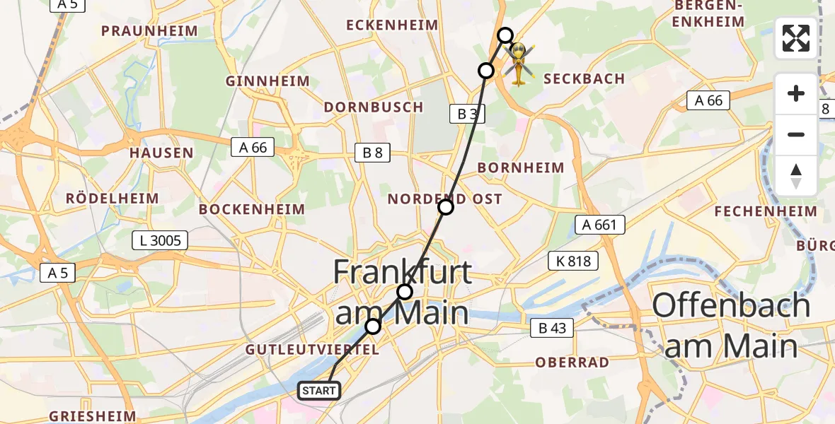 Flugroute Rettungshubschrauber Frankfurt University Hospital Heliport - Frankfurt am Main Accident Hospital Roof Helipad (CHX2), 06 Februar 2026, 16:40