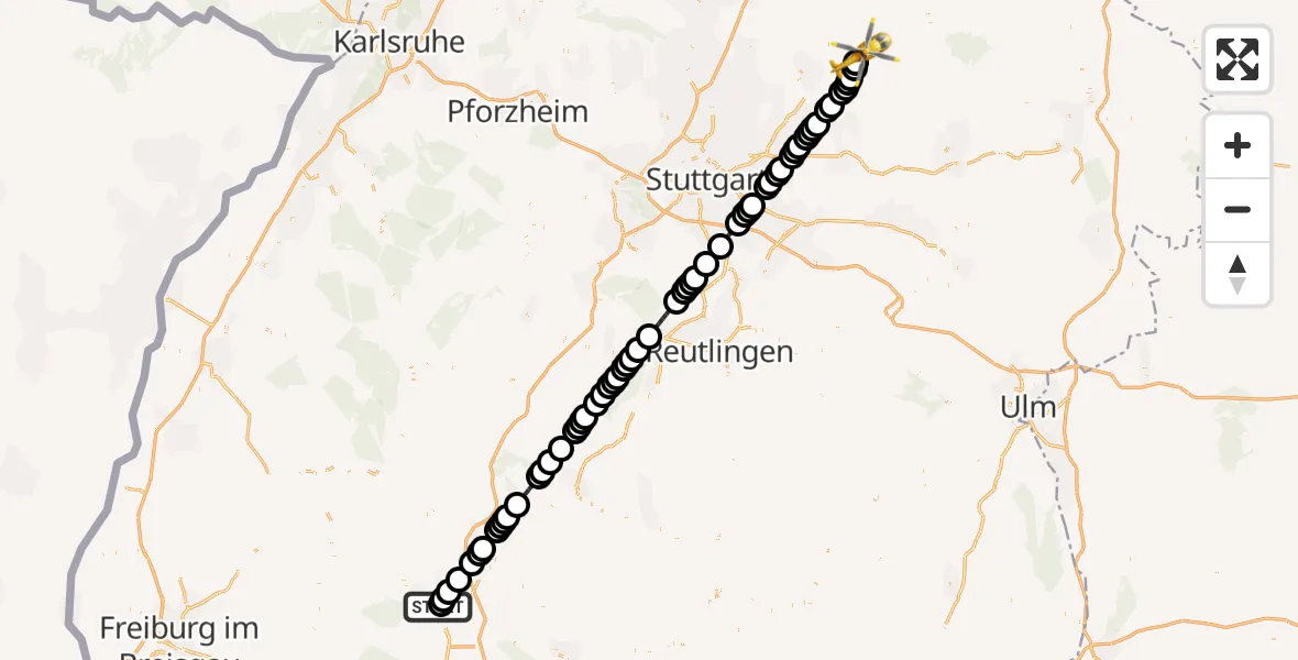 Flugroute Rettungshubschrauber DRF Air Rescue Station Villingen-Schwenningen Heliport (Christoph 11) - Murrhardt, 06 Februar 2026, 17:29