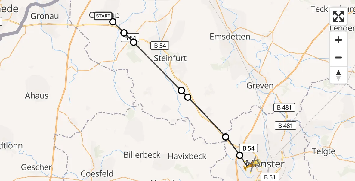 Flugroute Ambulanzhubschrauber Ochtrup - Münster-West, 06 Februar 2026, 18:15