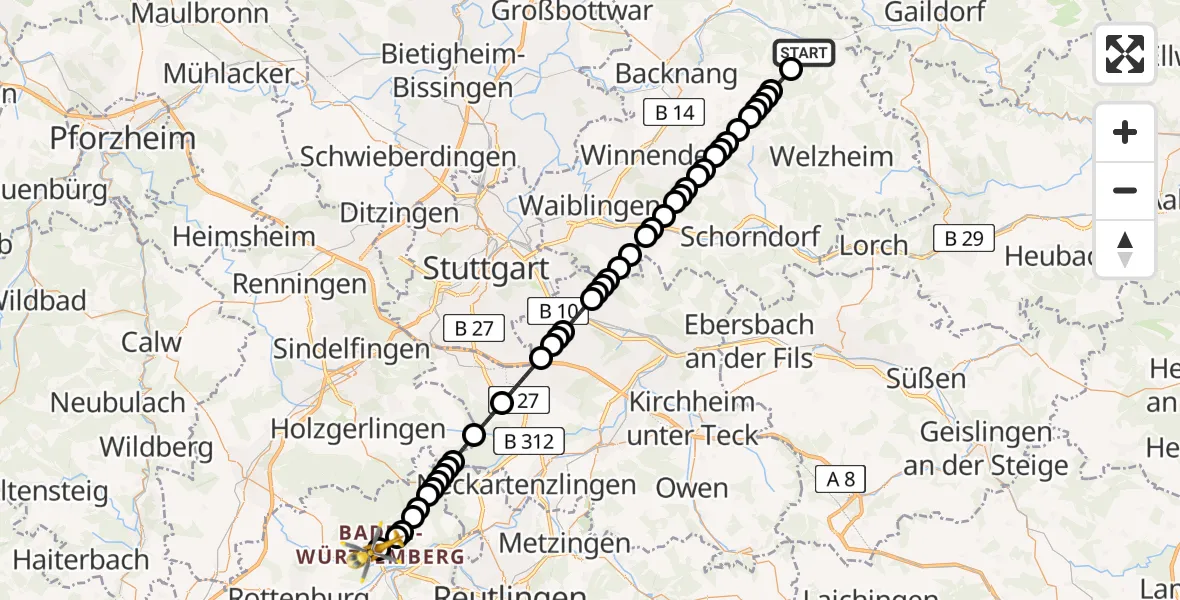 Routekaart van de vlucht: Rettungshubschrauber nach Tübingen Trauma Hospital Helipad