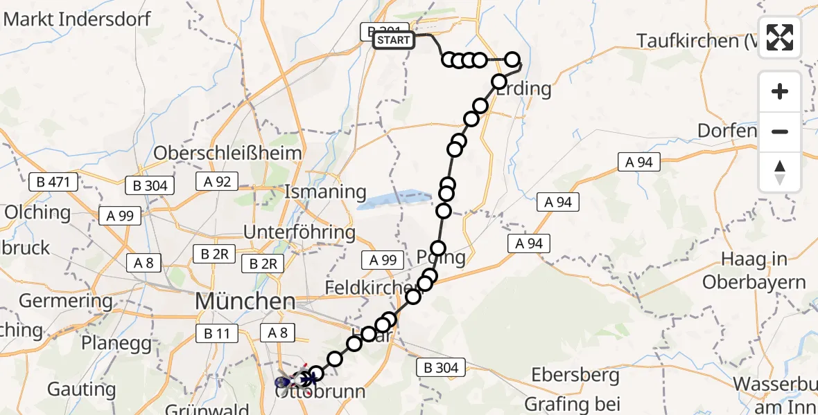 Flugroute Polizeihubschrauber Munich Airport - Fliegerhorst Neubiberg, 06 Februar 2026, 19:01