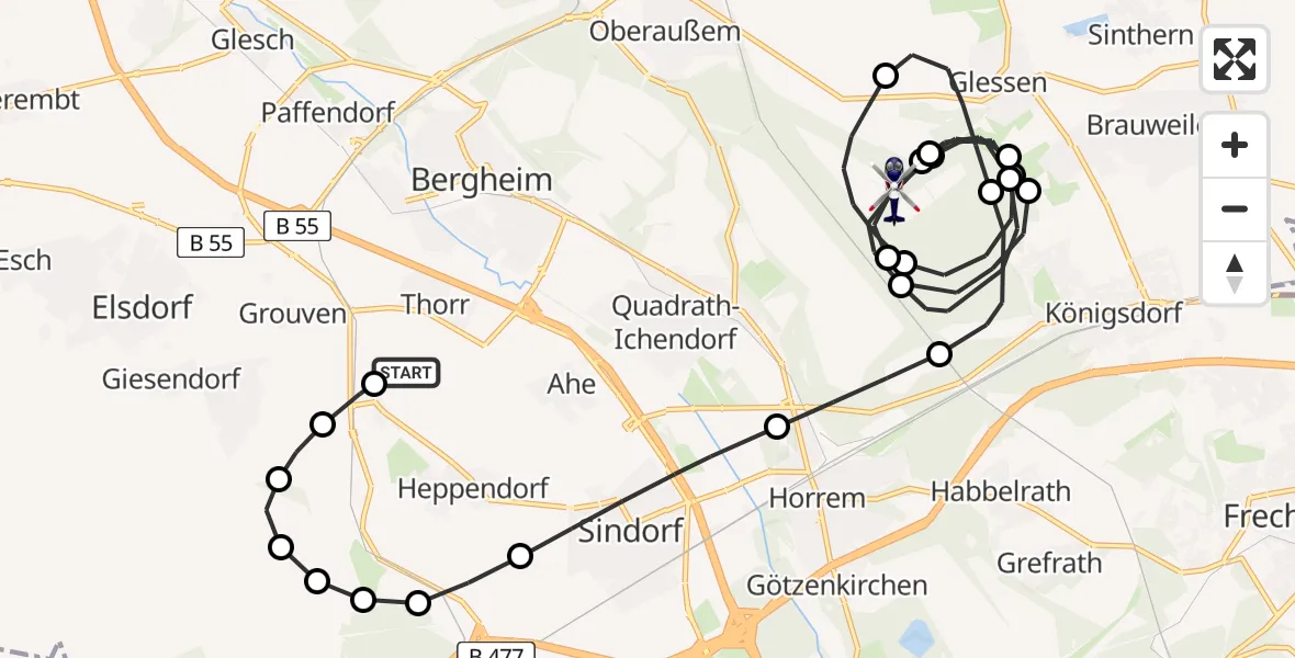 Flugroute Polizeihubschrauber Thorr - Bergheim, 06 Februar 2026, 19:52