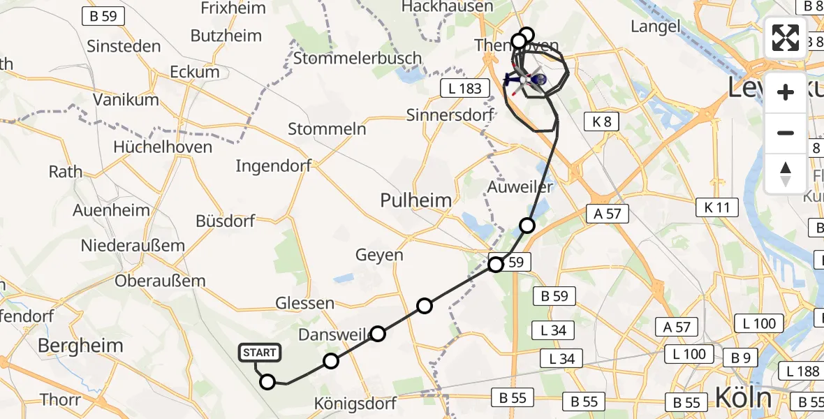 Flugroute Polizeihubschrauber Bergheim - Chorweiler, 06 Februar 2026, 20:14